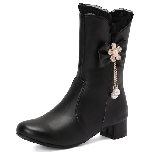MJIASIAWA Mädchen Winter Schuluniform Runde Zehen Lovely Bogen Stiefel Komfort Low Blockabsatz Zip Warm Chelsea Stiefeletten Party Schwarz Gr 31 EU von MJIASIAWA