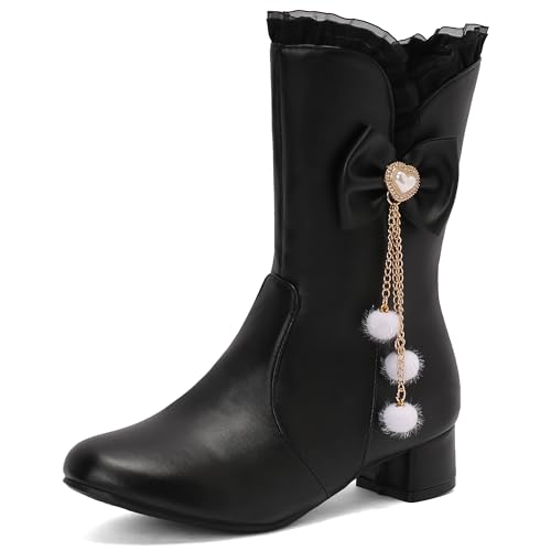 MJIASIAWA Mädchen Winter Schuluniform Runde Zehen Lovely Bogen Stiefel Komfort Low Blockabsatz Zip Warm Chelsea Stiefeletten Party Schwarz Gr 32 EU von MJIASIAWA