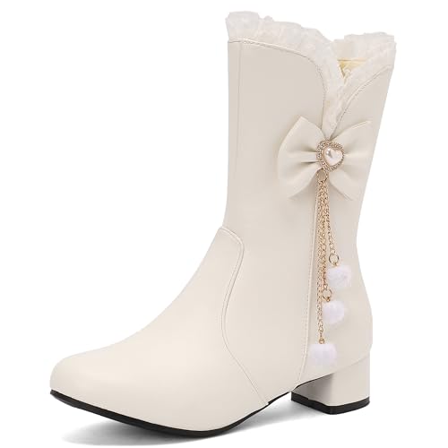 MJIASIAWA Mädchen Winter Schuluniform Runde Zehen Lovely Bogen Stiefel Komfort Low Blockabsatz Zip Warm Chelsea Stiefeletten Party Weiß Gr 32 EU von MJIASIAWA
