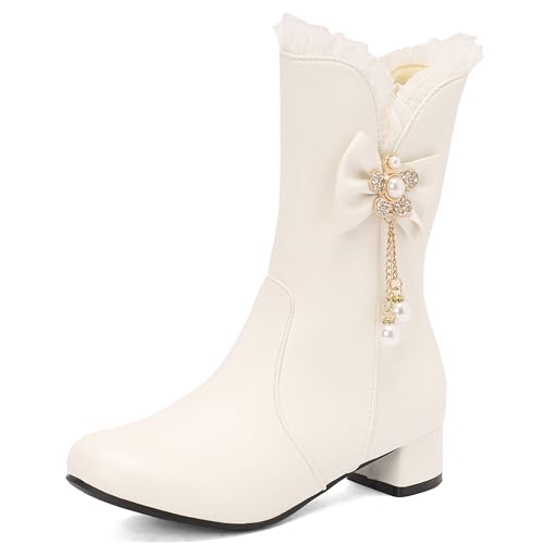 MJIASIAWA Mädchen Winter Schuluniform Runde Zehen Lovely Bogen Stiefel Komfort Low Blockabsatz Zip Warm Chelsea Stiefeletten Party Weiß Gr 39 EU/40 Asiatisch von MJIASIAWA