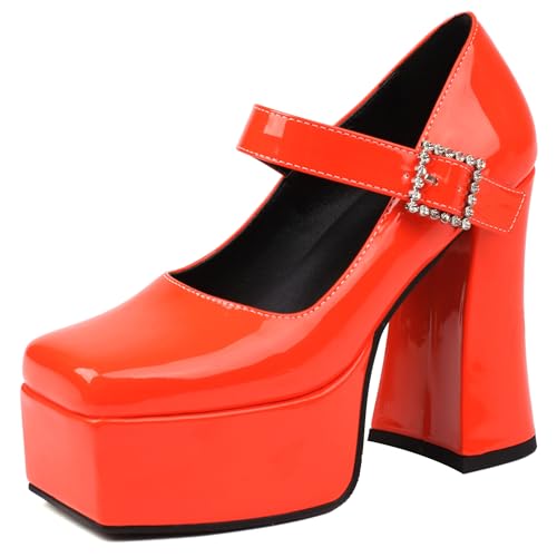 MJIASIAWA Mary Jane Damen Stylish Square Toe Chunky Schuhe Nachtclub Party Schnalle Knöchelriemchen Plateau Höhe Ferse Orange Gr 45 EU/47 Asiatisch MJIASIAWA Mary Jane Damen Stylish Square Toe Chunky Schuhe Nachtclub Party Schnalle Knöchelriemchen Plateau Höhe Ferse Orange Gr 45 EU/47 Asiatisch von MJIASIAWA