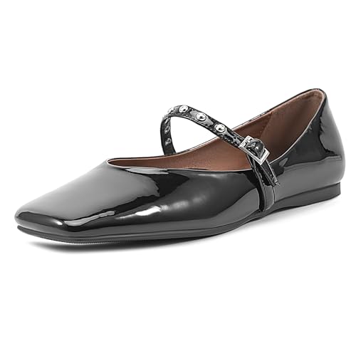MJIASIAWA Mary Jane Flach Schuhe Damen Square Toe Comfy Dolly Schuhe Ballerina Buro Loafer Arbeit Driving Bogen Mokassins Schwarz Gr 41 EU/43 Asiatisch von MJIASIAWA