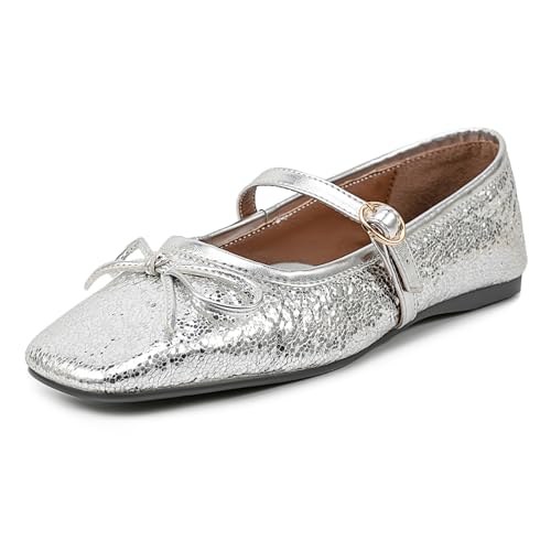 MJIASIAWA Mary Jane Flach Schuhe Damen Square Toe Comfy Dolly Schuhe Ballerina Buro Loafer Arbeit Driving Bogen Mokassins Silber Gr 39 EU/40 Asiatisch von MJIASIAWA