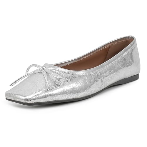 MJIASIAWA Mary Jane Flach Schuhe Damen Square Toe Comfy Dolly Schuhe Ballerina Buro Loafer Arbeit Driving Bogen Mokassins Silber Gr 42 EU/44 Asiatisch von MJIASIAWA