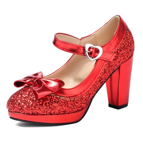 MJIASIAWA Mary Jane Glitzer Bride Chunky Höhe Ferse Pumps Bows Sommer Hochzeit Mode Knöchelriemchen Abend Plateau Schuhe Rot Gr 44 EU/46 Asiatisch von MJIASIAWA