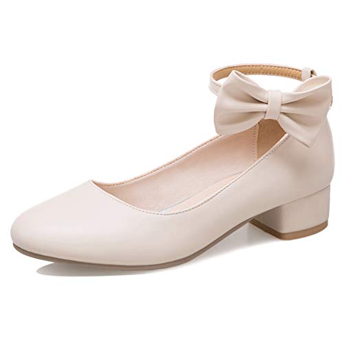 MJIASIAWA Mitte Absatz Bride Hochzeit Knöchelriemchen Bows Blumes Mary Jane Pumps Blumes Elegant Kleid Blockabsatz Damen Schuhe Beige Gr 39 EU/40 Asiatisch von MJIASIAWA