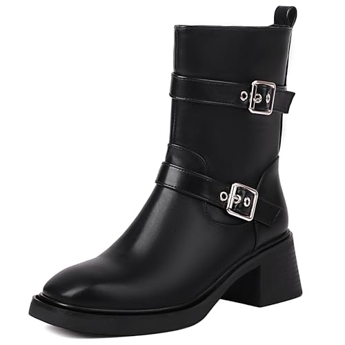 MJIASIAWA Mode Chelsea Damen Square Toe Geschirrstiefel Blockabsatz Winter Plateau Stiefeletten Draußen Knee High Schwarz Gr 38 EU/39 Asiatisch von MJIASIAWA