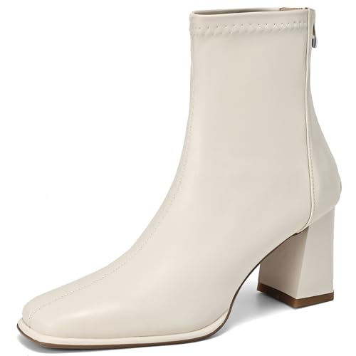 MJIASIAWA Mode Chelsea Stiefel Damen Buro Arbeit Blockabsatz Square Toe Winter Warm Ankle Stiefeletten Zip Beige/Rl Gr 36 EU von MJIASIAWA