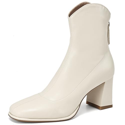 MJIASIAWA Mode Chelsea Stiefel Damen Buro Arbeit Blockabsatz Square Toe Winter Warm Ankle Stiefeletten Zip Beige/Rl Gr 38 EU/39 Asiatisch von MJIASIAWA