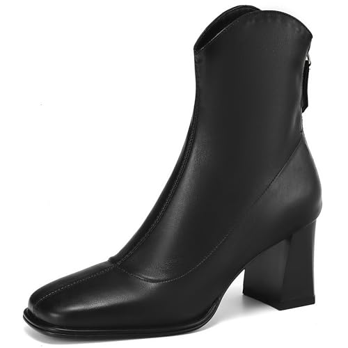 MJIASIAWA Mode Chelsea Stiefel Damen Buro Arbeit Blockabsatz Square Toe Winter Warm Ankle Stiefeletten Zip Schwarz/Rl Gr 36 EU von MJIASIAWA