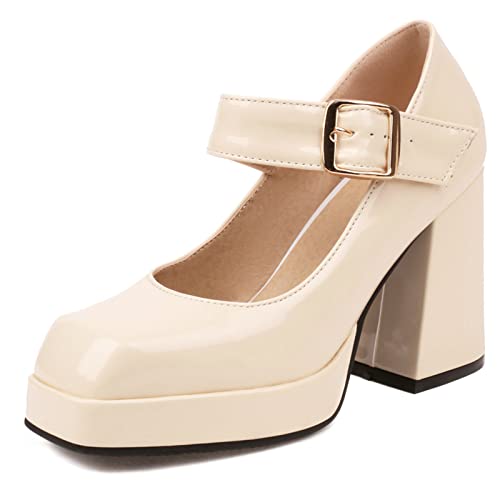 MJIASIAWA Mode Chunky Heel Mary Jane Damen Lack Party Schuhe Lovely Hochzeit Square Toe Pumps Bogen Party Kleid Beige Gr 45 EU/47 Asiatisch von MJIASIAWA