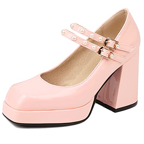 MJIASIAWA Mode Chunky Heel Mary Jane Damen Lack Party Schuhe Lovely Hochzeit Square Toe Pumps Bogen Party Kleid Pink Gr 38 EU/39 Asiatisch von MJIASIAWA