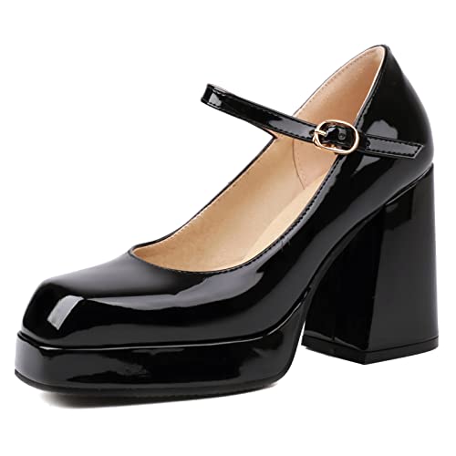 MJIASIAWA Mode Chunky Heel Mary Jane Damen Lack Party Schuhe Lovely Hochzeit Square Toe Pumps Bogen Party Kleid Schwarz Gr 46 EU/48 Asiatisch von MJIASIAWA