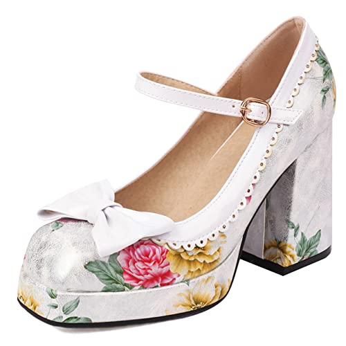 MJIASIAWA Mode Chunky Heel Mary Jane Damen Lack Party Schuhe Lovely Hochzeit Square Toe Pumps Bogen Party Kleid Weiß Gr 36 EU von MJIASIAWA