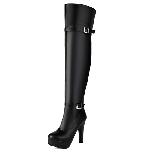 MJIASIAWA Mode Equestrian Damen Overknee Stiefel Runde Zehen Blockabsatz Winter Runde Zehen Warm Riding Booty Schnalle Schwarz Gr 45 EU/47 Asiatisch von MJIASIAWA