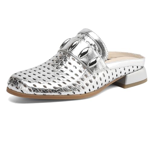 MJIASIAWA Mule Pantoffeln Hollow Out Damen Low Blockabsatz Sandalen Sommer Strand Flip Flops Draußen Hochzeit Sandalen Mode Silber Gr 35 EU von MJIASIAWA
