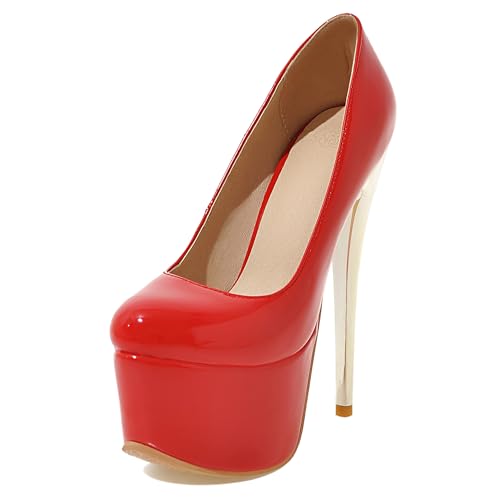 MJIASIAWA Nachtclub Stiletto High Schuhe Damen Plateau Schuhe Ohne Verschluss Runde Zehen Sommer Party Elegant Pumps Rot Gr 41 EU/43 Asiatisch von MJIASIAWA