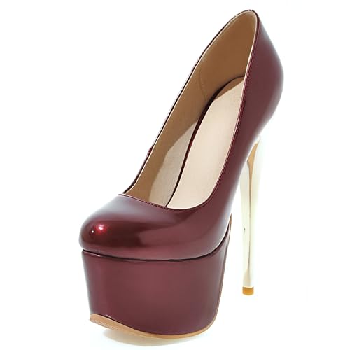 MJIASIAWA Nachtclub Stiletto High Schuhe Damen Plateau Schuhe Ohne Verschluss Runde Zehen Sommer Party Elegant Pumps Rotwein Gr 41 EU/43 Asiatisch von MJIASIAWA