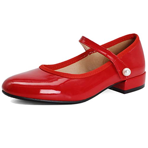 MJIASIAWA Niedrige Absatz Mary Jane Damen Closed Toe Lack Klassischer Pumps Comfy Schule Party Kleid Mode Knöchelriemchen Pumps Rot Gr 37 EU/38 Asiatisch von MJIASIAWA