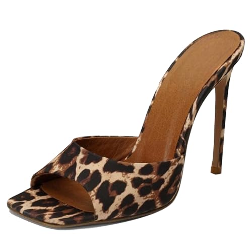 MJIASIAWA Offene Zeh Pantoffeln Stilettos Damen Mule Sandals Sommer Strand Hochzeit Elegant Höhe Ferse Flip Flops Leopard Gr 41 EU/43 Asiatisch von MJIASIAWA