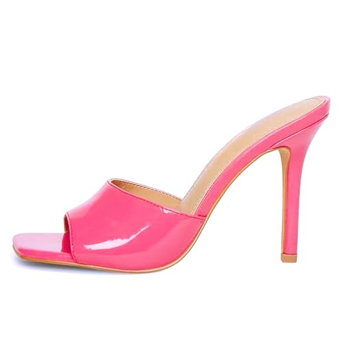 MJIASIAWA Offene Zeh Pantoffeln Stilettos Damen Mule Sandals Sommer Strand Hochzeit Elegant Höhe Ferse Flip Flops Rose-Rot Gr 34 EU von MJIASIAWA