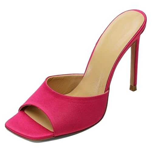 MJIASIAWA Offene Zeh Pantoffeln Stilettos Damen Mule Sandals Sommer Strand Hochzeit Elegant Höhe Ferse Flip Flops Rose-Rot Gr 42 EU/44 Asiatisch von MJIASIAWA
