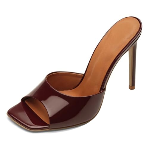 MJIASIAWA Offene Zeh Pantoffeln Stilettos Damen Mule Sandals Sommer Strand Hochzeit Elegant Höhe Ferse Flip Flops Rotwein Gr 35 EU von MJIASIAWA