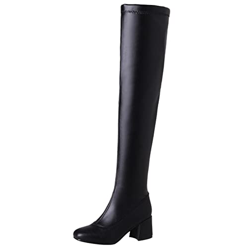 MJIASIAWA Overknees Stretch Damen Winter Blockabsatz Reißverschluss Boots Mode Square Toe Warm Thigh Party Kleid Boots Schwarz Gr 50 EU/52 Asiatisch von MJIASIAWA
