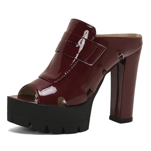 MJIASIAWA Pantoffeln Sandalen Damen Chunky Heel Plateau Pantoletten Mode Denim Sommer Pantoffeln Party Lack Peep Toe Romisch Schuhe Rotwein Gr 41 EU/43 Asiatisch von MJIASIAWA