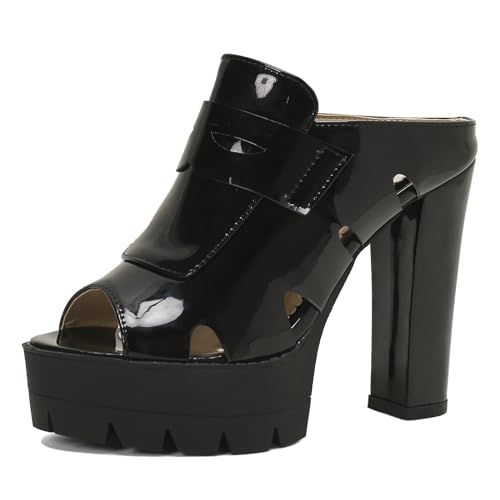 MJIASIAWA Pantoffeln Sandalen Damen Chunky Heel Plateau Pantoletten Mode Denim Sommer Pantoffeln Party Lack Peep Toe Romisch Schuhe Schwarz Gr 46 EU/48 Asiatisch von MJIASIAWA