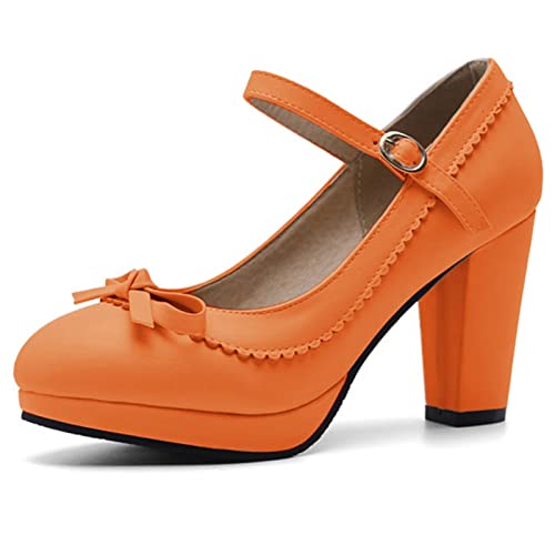 MJIASIAWA Party Blockabsatz Damen Mary Jane Bogen Plateau Bridal Pumps Abend Kleid Mode Höhe Ferse Pumps Orange Gr 35 EU von MJIASIAWA