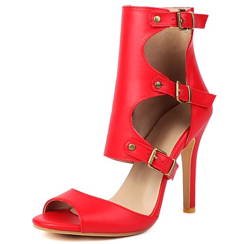 MJIASIAWA Peep Toe Gladiator Damen Zip Stiletto Sandals Schnalle High Sandalen Sommer Party Romisch Ankle Rot Gr 44 EU/46 Asiatisch von MJIASIAWA