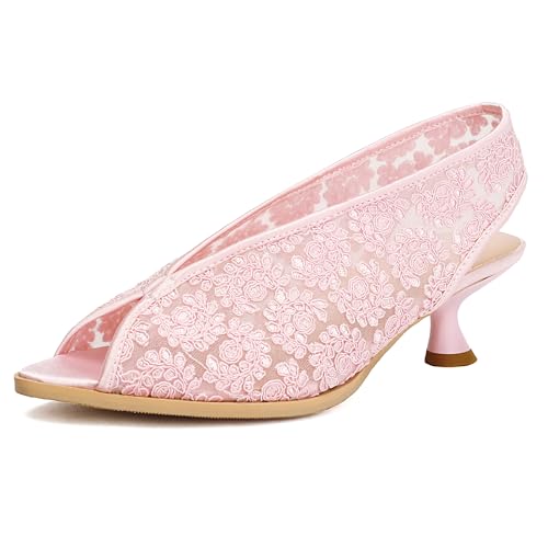 MJIASIAWA Peep Toe Kitten Heel Slingback Damen Mesh Schuhe Hochzeit Ohne Verschluss Bestickt Pumps Elegant Pink Gr 40 EU/41 Asiatisch von MJIASIAWA