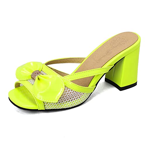 MJIASIAWA Peep Toe Pantoffeln Damen Blockabsatz Mode Pantoletten Elegant Party Hochzeit Sommer Pantoffeln Lack Sandalen Bows Grün Gr 37 EU/38 Asiatisch von MJIASIAWA