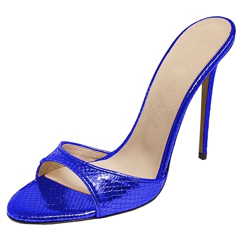 MJIASIAWA Peep Toe Pantoffeln Stilettos Damen Mule Hochzeit Höhe Ferse Sandals Elegant Party Flip Flops Blau-Snakeskin Gr 40.5 EU/42 Asiatisch von MJIASIAWA