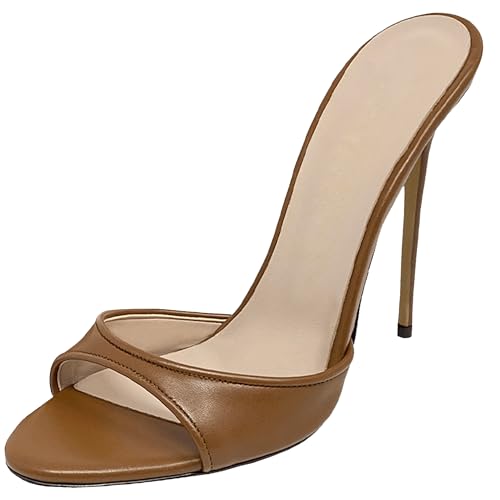 MJIASIAWA Peep Toe Pantoffeln Stilettos Damen Mule Hochzeit Höhe Ferse Sandals Elegant Party Flip Flops Braun-Pu Gr 40 EU/41 Asiatisch von MJIASIAWA