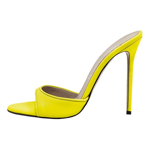 MJIASIAWA Peep Toe Pantoffeln Stilettos Damen Mule Hochzeit Höhe Ferse Sandals Elegant Party Flip Flops Gelb-Pu Gr 42 EU/44 Asiatisch von MJIASIAWA