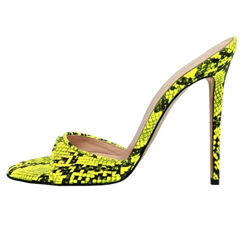 MJIASIAWA Peep Toe Pantoffeln Stilettos Damen Mule Hochzeit Höhe Ferse Sandals Elegant Party Flip Flops Gelb-Snakeskin Gr 36 EU von MJIASIAWA