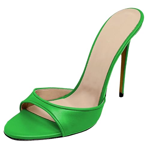 MJIASIAWA Peep Toe Pantoffeln Stilettos Damen Mule Hochzeit Höhe Ferse Sandals Elegant Party Flip Flops Grün-Pu Gr 35 EU von MJIASIAWA