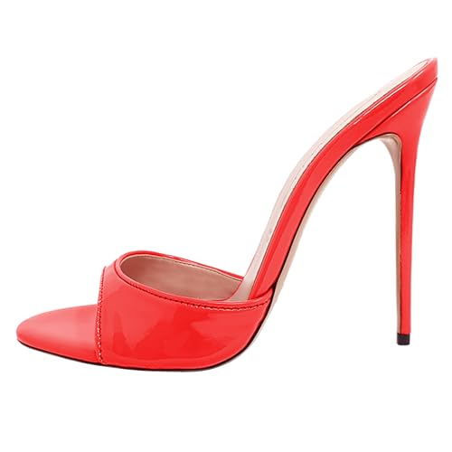 MJIASIAWA Peep Toe Pantoffeln Stilettos Damen Mule Hochzeit Höhe Ferse Sandals Elegant Party Flip Flops Rot-Lack Gr 38 EU/39 Asiatisch von MJIASIAWA