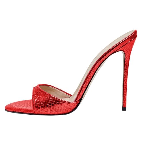 MJIASIAWA Peep Toe Pantoffeln Stilettos Damen Mule Hochzeit Höhe Ferse Sandals Elegant Party Flip Flops Rot-Snakeskin Gr 39 EU/40 Asiatisch von MJIASIAWA