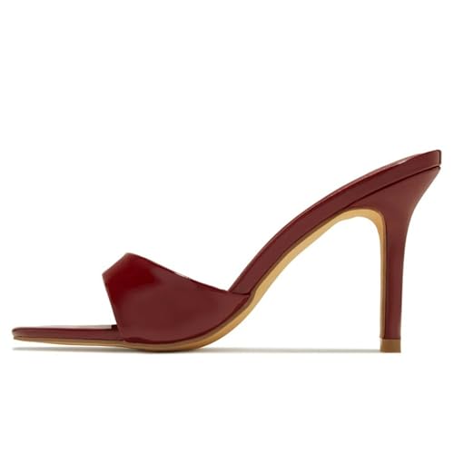 MJIASIAWA Peep Toe Pantoffeln Stilettos Damen Mule Hochzeit Höhe Ferse Sandals Elegant Party Flip Flops Rotwein Gr 35 EU von MJIASIAWA