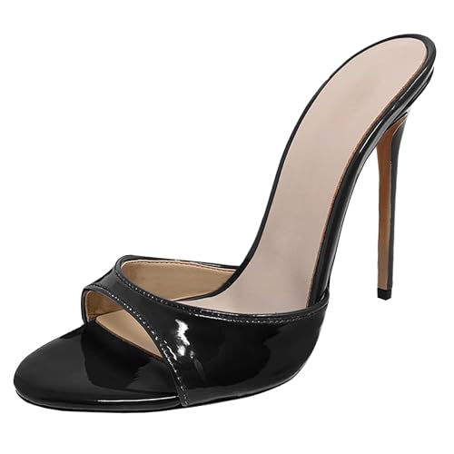 MJIASIAWA Peep Toe Pantoffeln Stilettos Damen Mule Hochzeit Höhe Ferse Sandals Elegant Party Flip Flops Schwarz-Lack Gr 38 EU/39 Asiatisch von MJIASIAWA