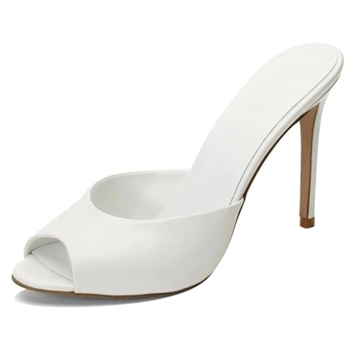 MJIASIAWA Peep Toe Pantoffeln Stilettos Damen Mule Hochzeit Höhe Ferse Sandals Elegant Party Flip Flops Weiß Gr 35 EU von MJIASIAWA