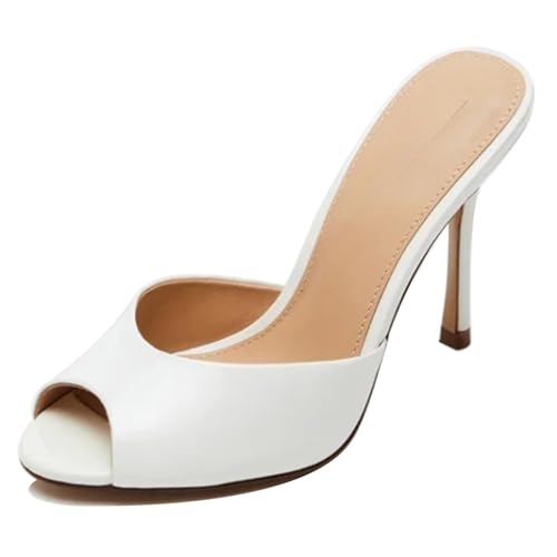 MJIASIAWA Peep Toe Pantoffeln Stilettos Damen Mule Hochzeit Höhe Ferse Sandals Elegant Party Flip Flops Weiß Gr 41 EU/43 Asiatisch von MJIASIAWA