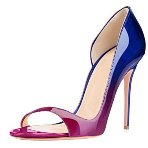 MJIASIAWA Peep Toe Stilettos Damen Abend Lack Schuhe Hochzeit Party Formal Höhe Ferse Pumpe Ohne Verschluss Blau-Violett Gr 34 EU von MJIASIAWA