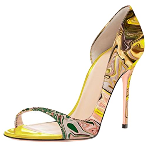 MJIASIAWA Peep Toe Stilettos Damen Abend Lack Schuhe Hochzeit Party Formal Höhe Ferse Pumpe Ohne Verschluss Gelb-Foral Gr 39 EU/40 Asiatisch von MJIASIAWA