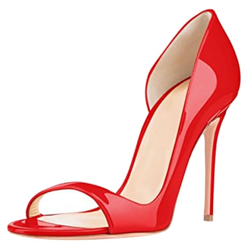MJIASIAWA Peep Toe Stilettos Damen Abend Lack Schuhe Hochzeit Party Formal Höhe Ferse Pumpe Ohne Verschluss Rot Gr 42 EU/44 Asiatisch von MJIASIAWA