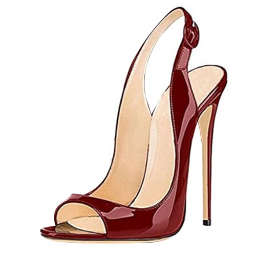MJIASIAWA Peep Toe Stilettos Damen Abend Lack Schuhe Hochzeit Party Formal Höhe Ferse Pumpe Ohne Verschluss Rotwein Gr 34 EU von MJIASIAWA