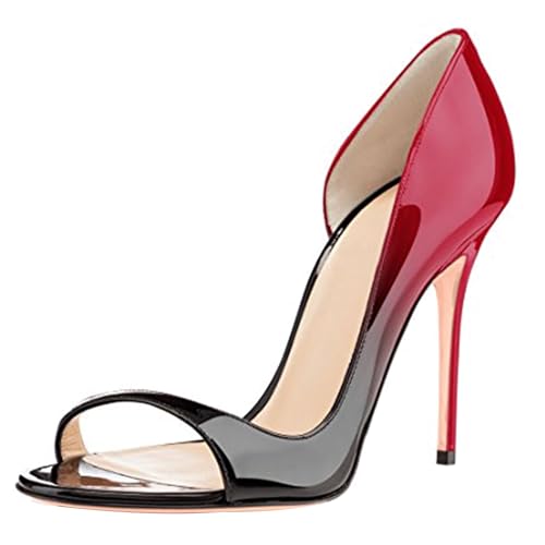 MJIASIAWA Peep Toe Stilettos Damen Abend Lack Schuhe Hochzeit Party Formal Höhe Ferse Pumpe Ohne Verschluss Schwarz-Rot Gr 34 EU von MJIASIAWA